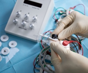 Dentist holding a small machine with several electrodes attached